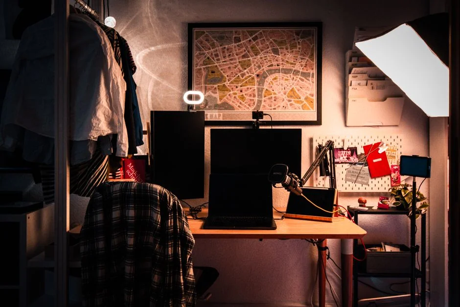 Stylish and efficient workspace with multiple monitors, laptop, and smartphone, showcasing a web design project.